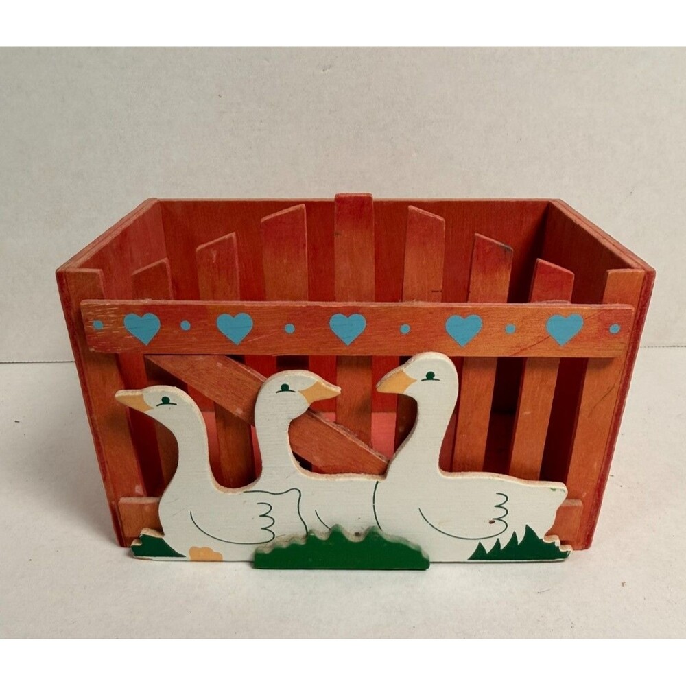 Vintage Wood Country Core Geese Box Caddy Blue Hearts Fence Mail Holder Taiwan